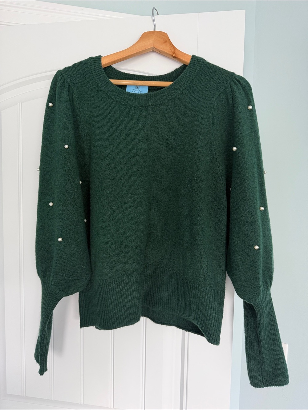 CeCe Forest Green Pearl-Embellished Crewneck Sweater